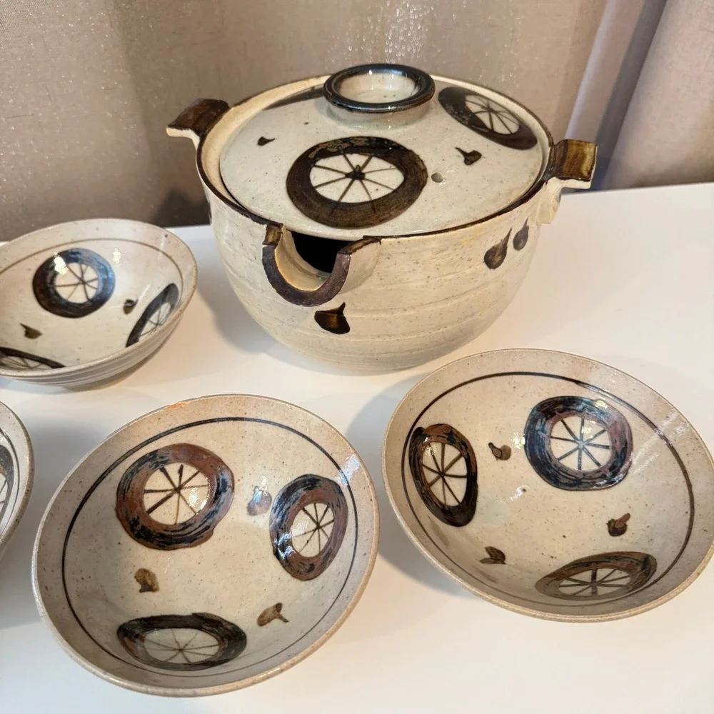 Japanese Otagiri Pottery Lidded Soup Tureen and 5 Bowl Set Speckled Stoneware